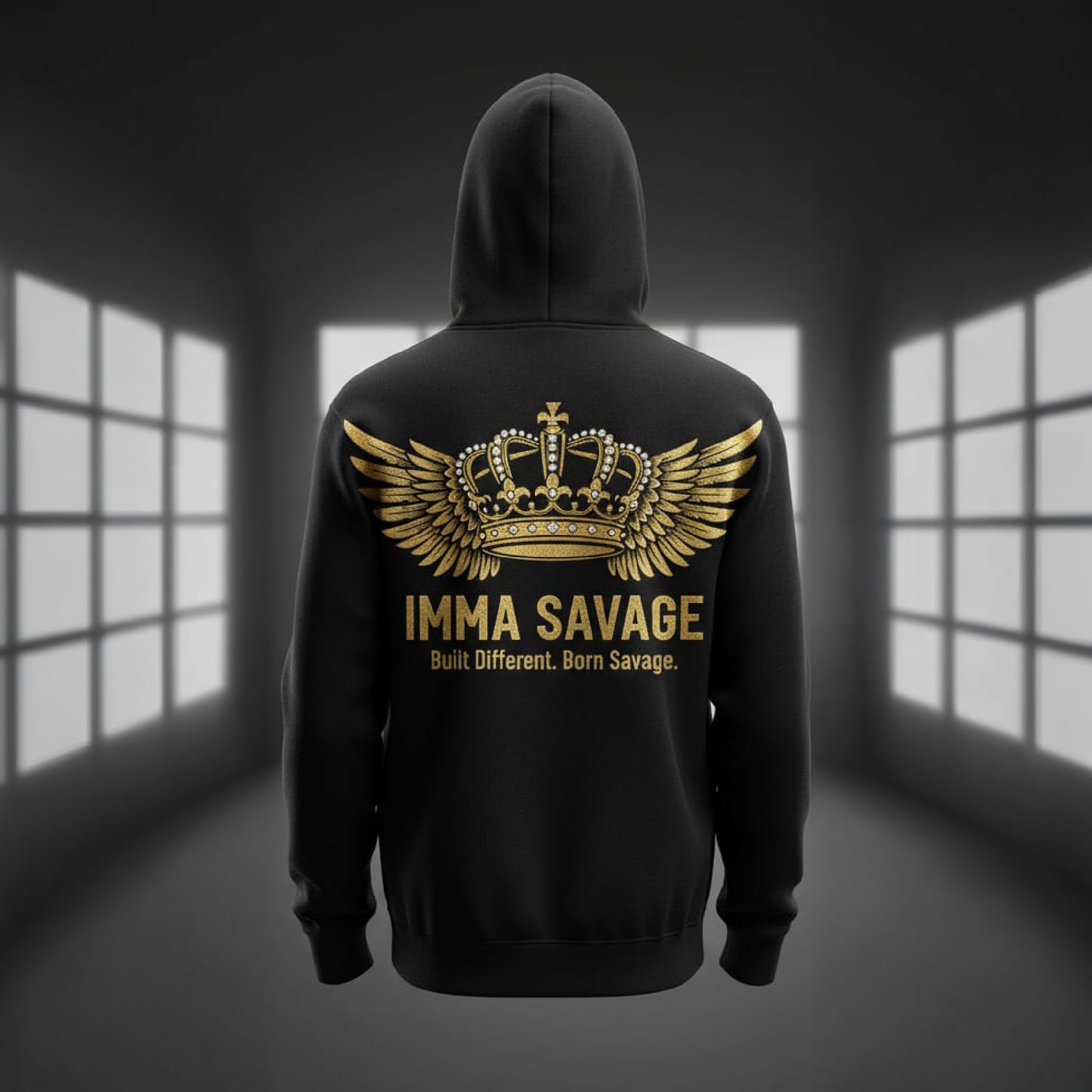 IMMA SAVAGE Gold Crown Embroidered Black Hoodie – Premium Unisex Streetwear Pullover
