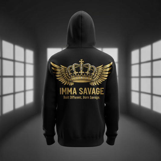 IMMA SAVAGE Gold Crown Embroidered Black Hoodie – Premium Unisex Streetwear Pullover