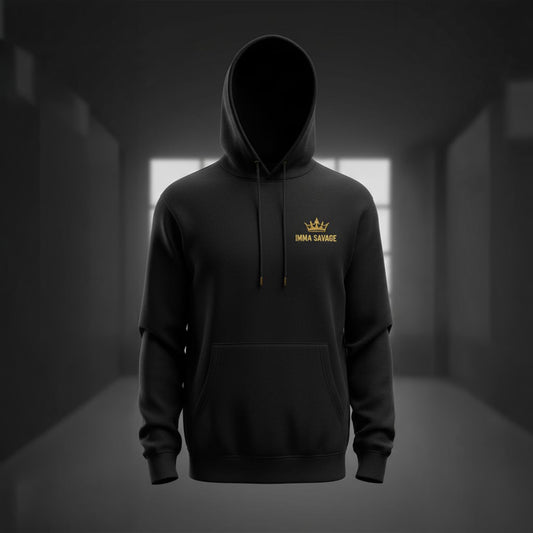 IMMA SAVAGE Gold Crown Embroidered Black Hoodie – Premium Unisex Streetwear Pullover